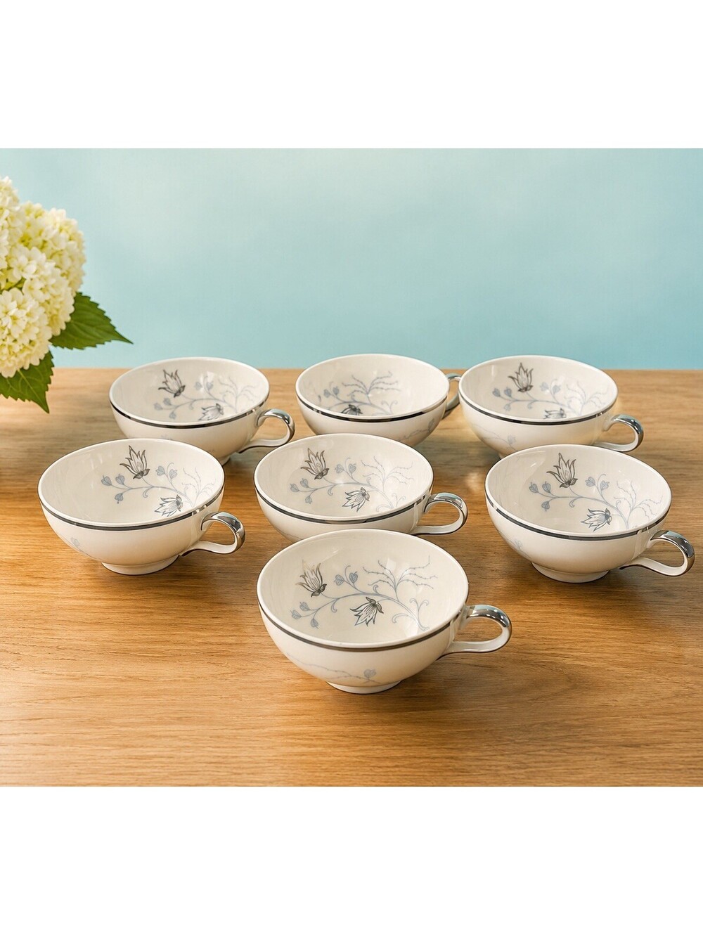 Eschenbach Bavaria 1960s Set Of 7 Teacups Silver Arbor Baronet China, 4x2”